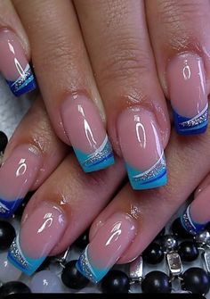 Nails 2023 Trends Tips, Blue French Nails With Design, Blue Tip Nail Designs, Summer French Manicure Designs, Blue French Tip Nails With Design, Blue French Nail Designs, Blue Tip Nails French Manicures, French Manicure With Blue, Cool French Tip Nail Designs