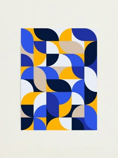 an abstract painting with blue, yellow and white circles on it's square shape