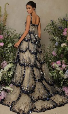 Tarik Ediz - 98083 Square Tiered Sequin Long Gown – Couture Candy Wedding Dresses Black And White, Black And White Wedding Dresses, Dresses Black And White, Detail Couture, Wedding Dresses A, Wedding Dresses A Line, Wedding Dresses Black, Dresses A Line, Bridal Ideas