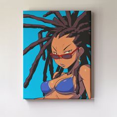 a painting of a woman with dreadlocks on her head and glasses in front of a blue background