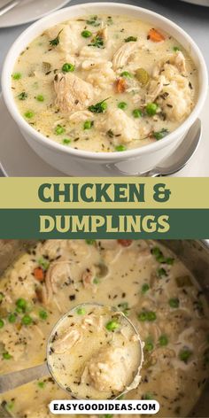 chicken and dumplings soup in a white bowl