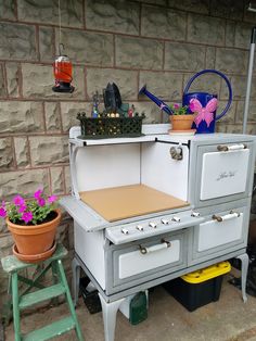 an old fashioned stove with potted plants on top