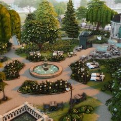 an artist's rendering of a garden with trees, shrubs and flowers in the center