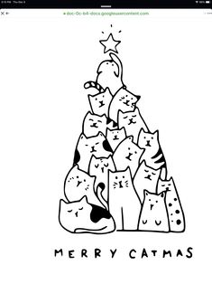 a black and white drawing of a christmas tree with cats on it's bottom