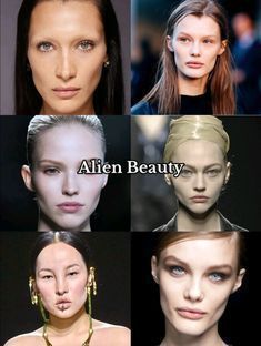 many different pictures of women with their faces in different shapes and hair styles, including the words alien beauty on them