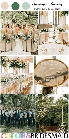 a collage of photos with the words champagne and greenery written on it, including pictures