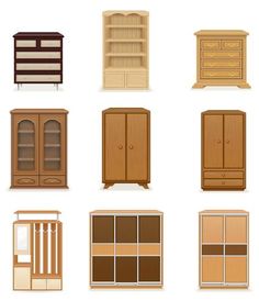 the different types of wooden furniture are shown in this image, including bookshelves and cupboards