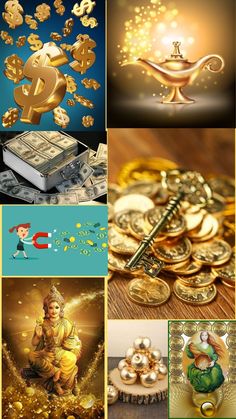 the collage shows many different images with gold coins and symbols on them, including money