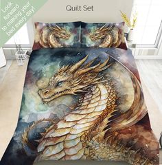 an image of a bed set with a dragon on it