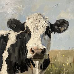 a painting of a black and white cow in a field