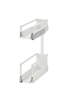 two white shelves with metal brackets on each side