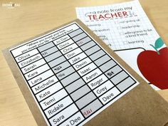 a close up of a piece of paper on a table with an apple and teacher's name