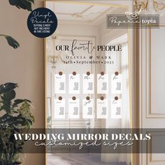 the wedding mirror decals are on display