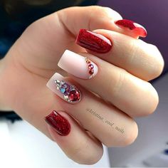 Short Red Nails, Red Nails Glitter, Red Nail Designs, Almond Acrylic Nails, Super Nails, Red Nail, Gem Nails, Short Acrylic Nails Designs