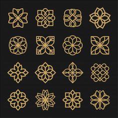 a set of golden ornamental designs on black background