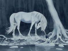 a painting of a white horse drinking water