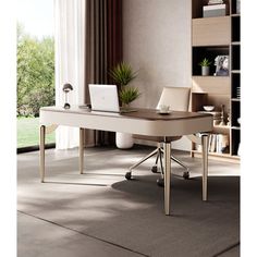 a desk with a laptop on it in front of a bookcase and window overlooking a grassy area