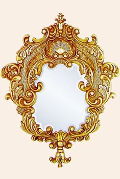 an ornately designed mirror is shown against a white background with gold trimmings