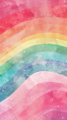 an abstract rainbow background with white stars and watercolor paint on the bottom half of it