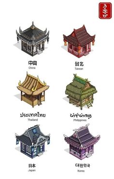 an image of different types of buildings in the language of english and chinese characters on a white background