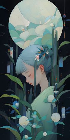 a painting of a woman with blue hair and flowers in her hair, surrounded by plants