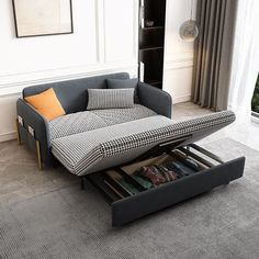 a living room with a couch and pull out bed in the bottom drawer on the floor