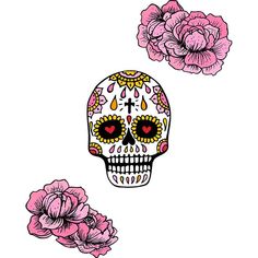 a drawing of a skull and flowers on a white background