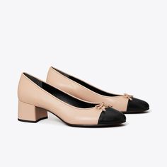 An elevated take on the classic ballet flat. This elegant pump is crafted in fine leather with a contrast cap toe and comfortable block heel. Finished with a delicate bow and subtle Double T. Slingback Heels Outfit, Tory Burch Heels, Elegant Pumps, Cap Toe Shoes, Heels Outfits, Fancy Shoes, Shoes Heels Pumps, Ballet Pumps, Only Shoes