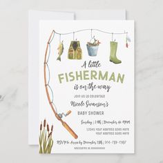 a little fisherman is on the way with his fishing rod and boots baby shower card