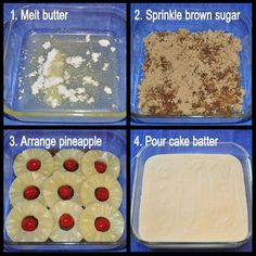 the steps to make pineapple upside down cake are shown in this photo and include instructions on how to bake them