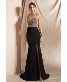 Buy Sexy Mermaid Black with Gold Beading Prom Dress with Slit Front at wholesale price online. Free shipping and pro custom service since 2009. Elegant Wardrobe, Cheap Formal Dresses, Prom Dresses 2020, Elegant Bridesmaid Dresses, Jewel Neckline, Tulle Prom Dress, Cheap Prom Dresses, Long Bridesmaid Dresses, Mermaid Prom Dresses