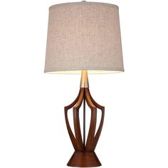 a wooden table lamp with a beige shade