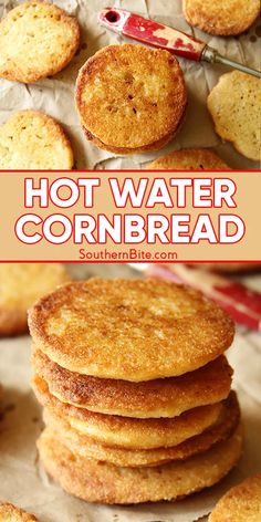 some cookies are stacked on top of each other with the words hot water cornbread