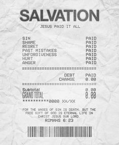 the receipt for salvation is shown in black and white, with a bar code on it