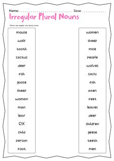 the irregular singular words worksheet is shown in pink and white, with an image of