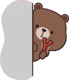 a brown teddy bear peeking out from behind a wall with a red handled tool in its mouth