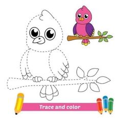 a pink bird sitting on top of a tree branch next to crayon pencils