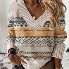 New Without Tags. Soft, Warm Geometric Print Knitted V-Neck Sweater. Beige, Light Yellow, White & Bkack Print. Perfect For Fall & Winter. Size Large. Chest:44” Length:26.5” If Your New Here, Enter Code Gias777 When Joining For A Free $10 Credit! All My Clothes Are Nwot Or Worn Once. (Mostly Sized Small & Medium.) Everything Arrives Clean & Steamed Fresh. Please Take A Peek At My Closet, You Might Find A Surprise! :) Thanks For Looking! Minimalisticky Chic, Casual Knitted Sweater, Pullover Outfit, Winter Pullover, Estilo Chic, Basic Long Sleeve, Warm Sweaters, Knitting Women Sweater, Loose Sweater