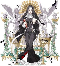 an anime character is standing in front of a throne with angels and birds around her