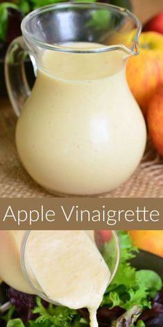 an apple vinaigrete dressing is being poured into a glass pitcher and garnished with lettuce