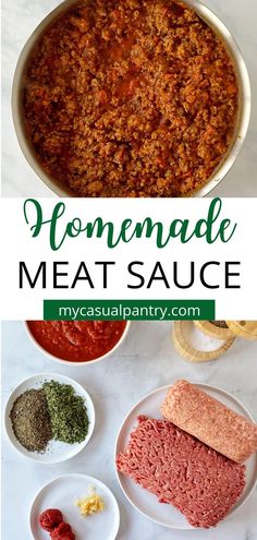 array of ingredients and skillet of meat sauce. Ground Beef And Italian Sausage, Pizza Sauces, Homemade Meat Sauce, Sausage Sauce, Sauce For Pasta, Spaghetti Meat Sauce, Meat Sauce Recipes, Ground Italian Sausage