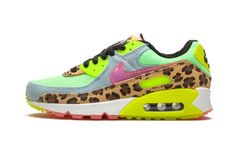 The Women’s Nike Air Max 90 LX “Denim Leopard Print” is a wild colorway of the retro performance running shoe that blends contrasting colors and materials to tell its story.  Released by Nike to honor the Air Max 90’s 30-year anniversary, the “Denim Leopard Print” is certainly one of the more unique looks ever for the stately low-top shoe.  Calling to mind ‘90s rave culture, a leopard pattern appears on the mudguard and lower eyelets.  A washed light denim material can be found on the toe cap, m Womens Air Max 90, Leopard Print Nikes, Air Max 90 Black, Air Max 90 Women, Air Max 90s, Leopard Print Shoes, Air Jordan Sneakers, Print Shoes, Stadium Goods