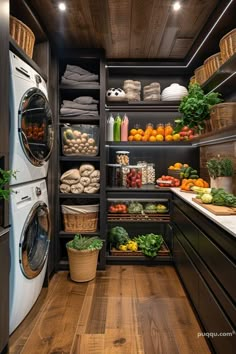 a laundry room filled with lots of different types of vegetables and fruits on shelves next to washer and dryer