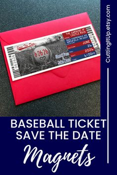 baseball ticket save the date magnets on a blue and white background with text reading baseball ticket save the date magnets