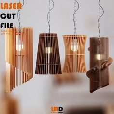 three wooden lamps hanging from the ceiling with text that reads laser cut wood lamp fixture