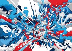 an abstract painting with red, white and blue paint splattered on the surface