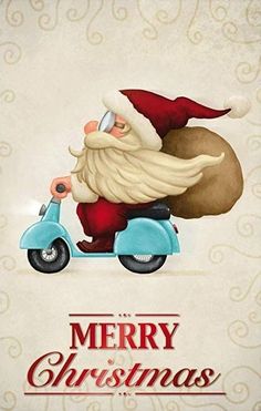 a santa clause riding a scooter with a sack on it's back