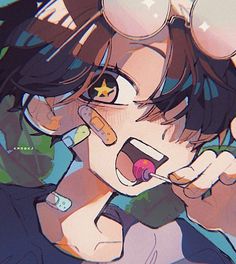 an anime character with her mouth open and tongue out, holding something in one hand