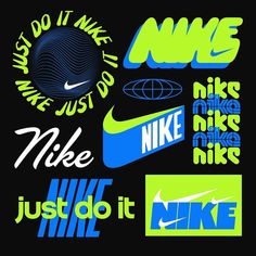 various nike stickers on a black background