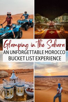 two people on four wheelers in the desert with text overlay reading camping in the sahara an unforgettable morocco bucket